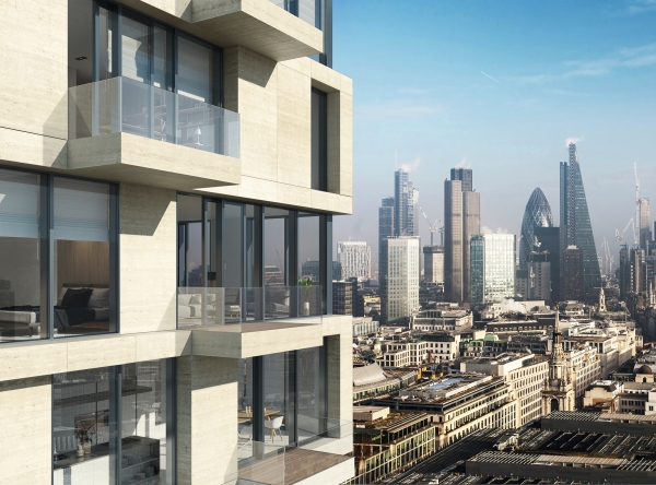 Hochdichte Schiebetüren in Kombination mit Balkonen im Einsatz (Foto: Schüco)