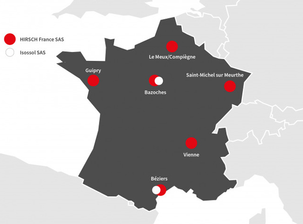 Durch den Deal erhält die Hirsch Servo-Gruppe sechs Placoplatre-Werke (rot) in Frankreich. An den beiden Standorten Bezoches und Beziérs (weiß) ist auch das JV Isossol vertreten (Abb.: Hirsch Servo)