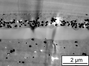Mehrlagenfolie aus BOPP mit Farbpartikeln / Kaschierkleber / PE (von oben nach unten, Foto: IMWS)