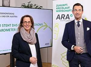 Ursula Swoboda, Commercial Director GfK Austria und Harald Hauke, ARA Vorstand, fordern von den Unternehmen mehr Kreislaufwirtschaft (Foto: Altstoff Recycling Austria/Schedl)