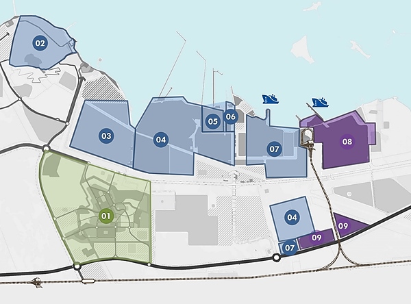 Die rechts in lila dargestellte Zone mit der Nummer 08 bildet den neuen Taziz-Chemiesektor. Dieser ist in direkter Nachbarschaft von Borouge (07) angesiedelt.(Abb: Taziz)