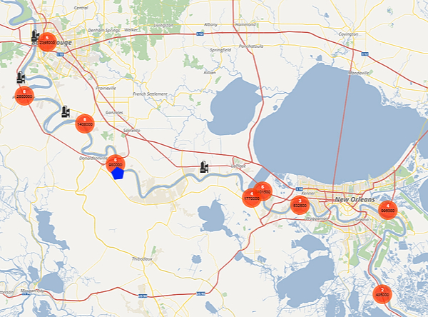 Das blaue Fünfeck stellt den geplanten Standort des 
