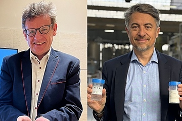 Wollen künftig zusammenarbeiten: Landbell-COO Uwe Echteler und Emmanuel Ladent, CEO Carbios (von links, Fotos: Landbell / Carbios)