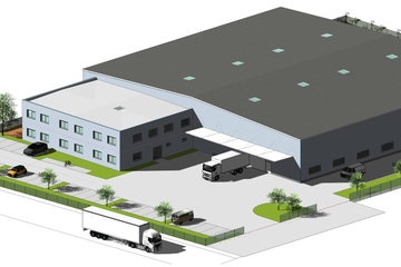 Der geplante Neubau in Fürth: Das Dach soll zum Teil begrünt und zum Teil mit einer Photovoltaik-Anlage ausgestattet, das anfallende Regenwasser in Rigolen zurückgehalten werden (Abb: Franken Plastik)