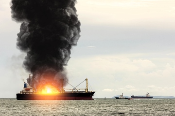 Brennendes Frachtschiff: Der Iran attackiert den internationalen Seehandel (Foto: Smarterpix/Surasakib99)