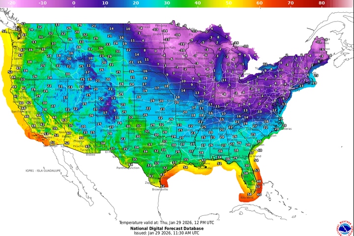 Ein erneuter Kälteriegel scheint sich von Norden heranzuschieben. Dann werden die Temperaturen wieder deutlich unter den Nullpunkt (nach Celsius) fallen, der bei 32° Fahrenheit liegt. 5° bis -14° Fahrenheit wie in dem violett eingefärbten Gebiet bedeuten nach hiesiger Lesart etwa -15° bis -25° C (Abb.: National Weather Service)