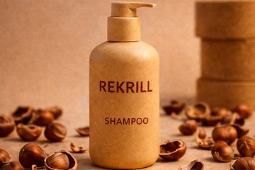 Mit Pumpdispenser: Shampoo-Verpackung aus Biopolymer (Foto: Krill Design)